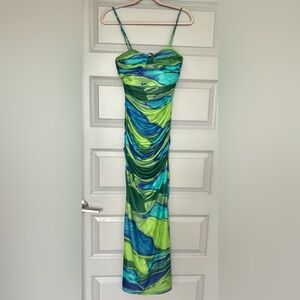 Lane 201 Mood Setter Maxi Dress Green Blue Abstract Ruched Medium